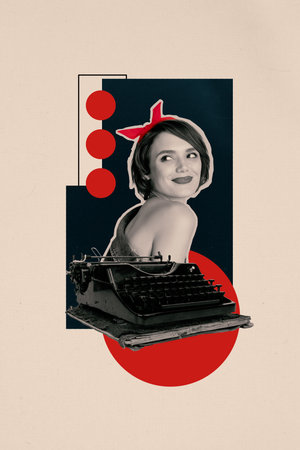 Template sketch composite artwork collage of silhouette portrait young lady smile vintage typewriter report letter correspondent typingの写真素材
