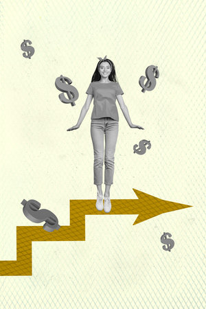Zine banner trendy collage of happy businessman businesswoman stand arrow progress dollar currency profit development aimの写真素材