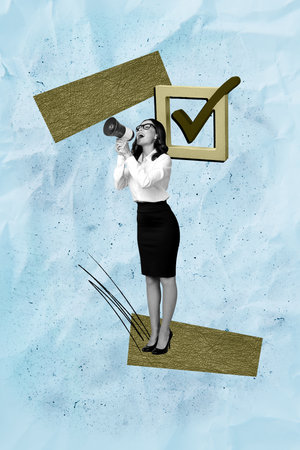 Banner image sketch 3d collage poster of happy business girl guy stand checkmark symbol success promotion concept development careerの写真素材