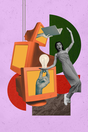 Vertical 3d art pop image collage of happy girl guy business workers stand pc monitor stack peek hand hold book light bulb ai appの写真素材