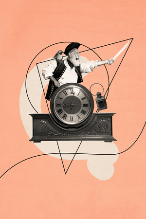 Creative composite sketch design collage of clock time alarm deadline work aged man hold sword halloween masquerade pirate captain tricornの写真素材