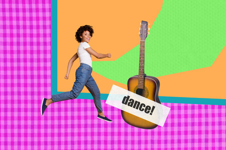 3d zine pop poster banner collage of happy girl guy dance weekend party celebration note guitar instrument karaoke event concertの写真素材