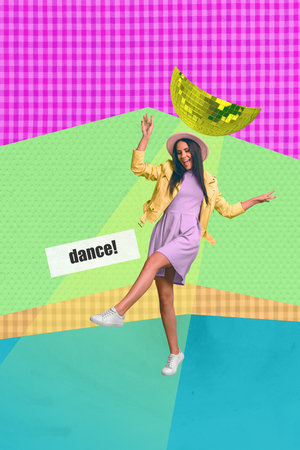 Image 3d zine vertical collage of happy hipster girl guy dance weekend disco ball vintage occasion enjoy event clubbing partyの写真素材