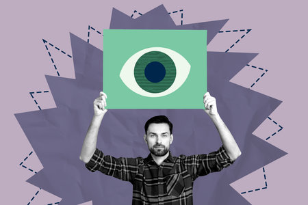 Collage of stressed person under large symbolic eye representing surveillance spying fear control tensionの写真素材
