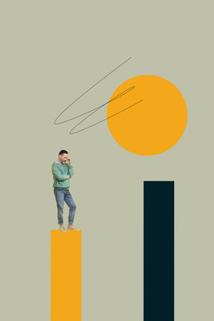 Banner zine image 3d vertical collage of happy businessman businesswoman stand chart development career promotion successの写真素材