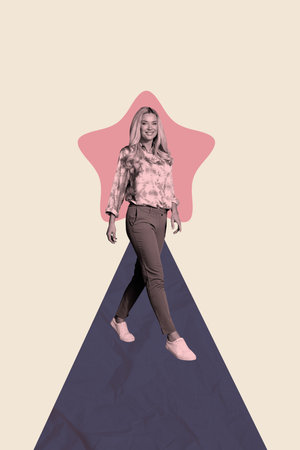 Trend image 3d artwork photo collage of happy businesswoman businessman receive star review progress best worker goal achievementの写真素材