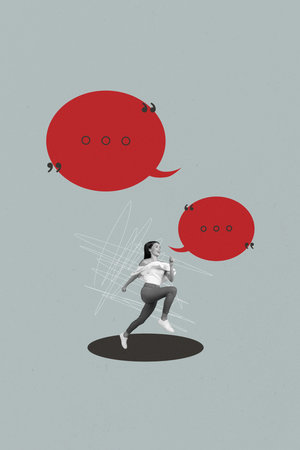 Vertical image photo collage of happy girl guy stand bubble communication chatterbox speech dialogue...