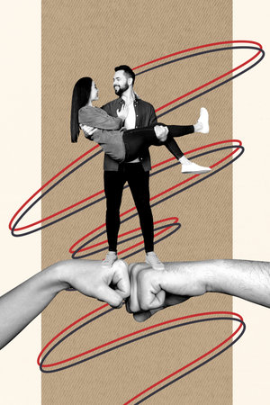 3d sketch image vertical collage of happy girl guy relationships business partners cooperation fist support gesture equalの写真素材