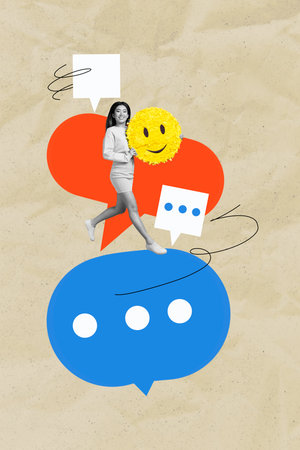 3D photo collage template trend artwork sketch of young lady run speech box mind note comment bubble...