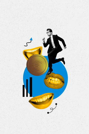 Template poster trend artwork 3D photo collage of businesswoman run coins euro mouth lips smile dollars budget money economy marketの写真素材