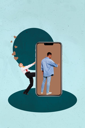 Contemporary artwork collage of happy girl guy stand phone heart notification icon social media feedback smm blogger influencerの写真素材