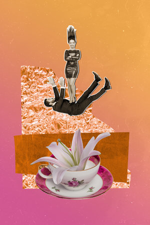 Zine banner vertical photo collage of happy girl guy fall lily flower herbal bloom affection couple spring holiday eventの写真素材