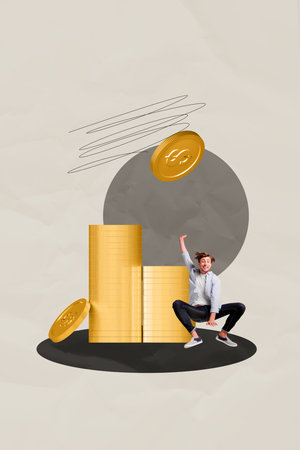 3d vertical art collage of happy businessman businesswoman stand dollar coin currency capital jackpot millionaire successの写真素材