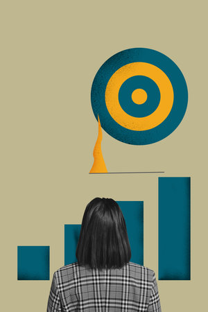 Banner zine 3d poster image photo collage of happy businessman businesswoman stand chart progress target achievement goalの写真素材