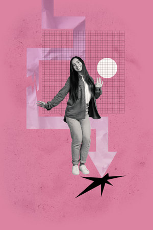 Banner 3d pop photo collage of inexperienced businesswoman businessman stand arrow decline dollar loss crisis inflation coinの写真素材