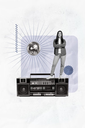 Image 3d zine vertical collage of happy hipster girl guy dance weekend disco ball vintage occasion...