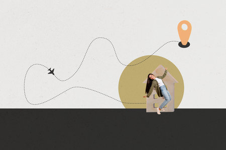 Zine banner art full photo collage of happy girl guy stand geolocation map travel airplane tourism...