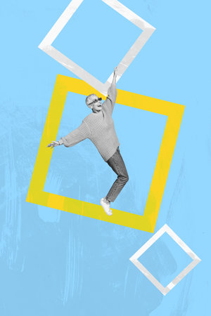 Collage of joyful dancing person surrounded colorful abstract geometric shapes expressing happiness playful creativityの写真素材