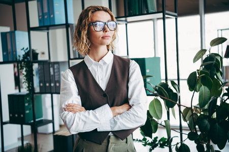 Confident professional woman in a stylish business outfit standing in a modern office interior