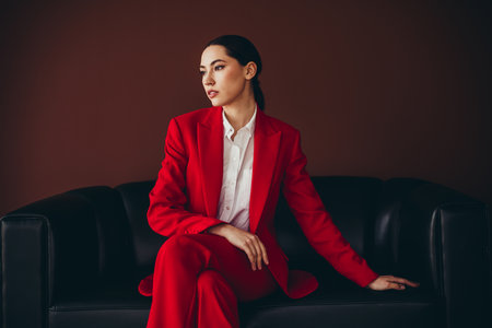Stunning Elegant Young Businesswoman in Red Formal Suit Sitting on Leather Sofaの写真素材