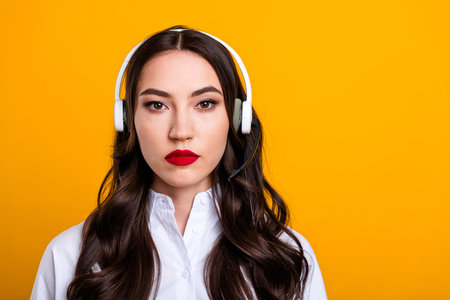 Confident young woman in white shirt with headset against vibrant yellow background representing modern communicationsの写真素材