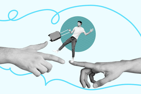 Poster 3d pop poster art collage of happy girl guy dance human hands index finger weekend party chill entertainment occasionの写真素材