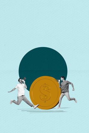 Sketch pop vertical image photo collage of happy businessman businesswoman receive dollar cash capital profit money incomeの写真素材