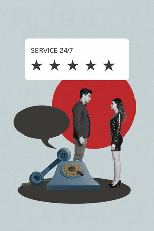 Vertical 3d art pop image collage of happy girl guy stand telephone handset bubble telemarketing star reputation feedbackの写真素材