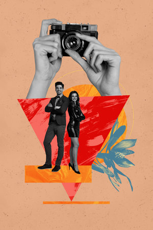 Banner art creative trend collage of happy girl guy stand hands hold photo camera shooting retro device paparazzi cadre captureの写真素材