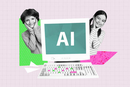 Sketch full 3d photo collage of two happy classmates schoolgirl schoolboy stand pc monitor artificial intelligence cyber coursesの写真素材