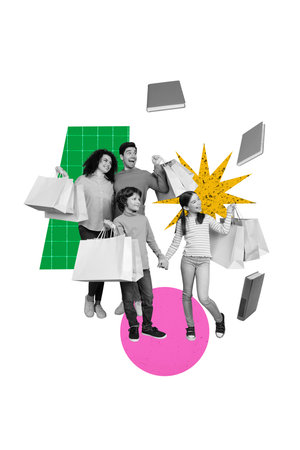 Vertical zine trendy photo collage of happy schoolgirl schoolboy stand parents mother dad hold shopper black friday saleの写真素材