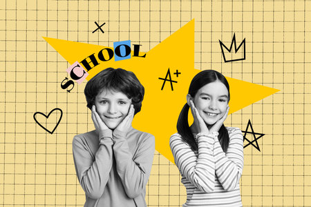 Contemporary artwork collage of happy schoolboy schoolgirl stand excellent mark back to school education concept septemberの写真素材