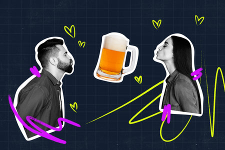 Composite 3d art pop image collage of two happy girl guy kiss together couple date celebration beer glass alcohol addictionの写真素材