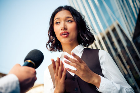 Young professional businesswoman giving an interview outdoors in an urban setting on a sunny day