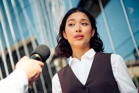 Professional businesswoman being interviewed outdoors in an urban setting by a journalist holding a microphoneの写真素材