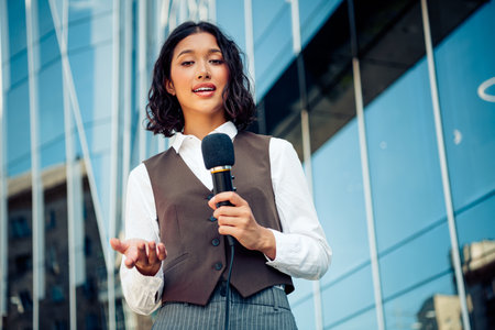 Confident businesswoman presenting outdoors in urban setting for corporate communication and leadership representationの写真素材