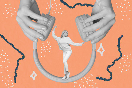 Full 3d art pop image collage of happy girl guy dance inside headphones volume music entertainment relax weekend party celebrationの写真素材