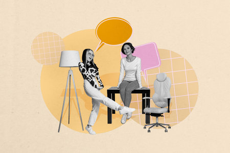 Image 3d poster artwork collage of happy girl guy stand bubble communication chatterbox speech scribble dialogue cloud talkの写真素材