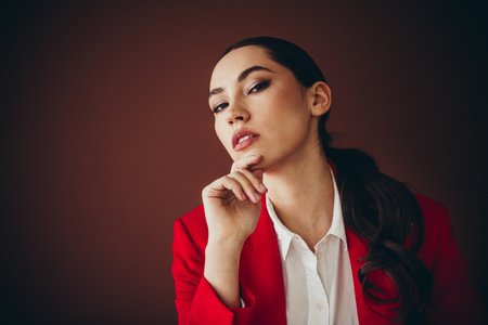 BeautifulConfident Businesswoman in Elegant Red Suit Posing Against Solid Brown Backgroundの写真素材