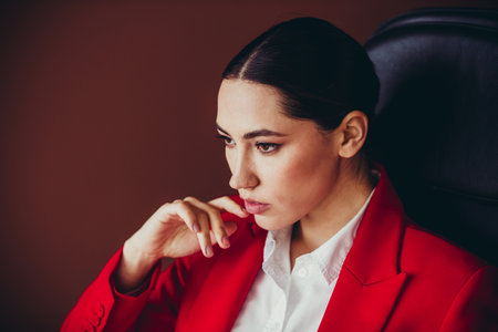 Attractive Confident Businesswoman in Red Suit Posing Thoughtfully in Modern Office Settingの写真素材