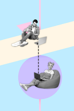 Composite sketch design artwork 3D photo collage of team distance video call young man write copybook lady sit beanbag vacancy job hrの写真素材
