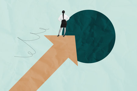 Banner 3d collage image photo of happy businessman businesswoman receive arrow progress statistics aim achievement successの写真素材