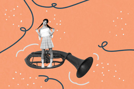 Banner trendy art collage of happy guy girl dance music instrument horn orchestra melody celebration...