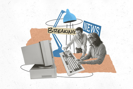 Creative 3D photo collage trend artwork template of office zine typography headline news paper young man aged lady work computer keypadの写真素材