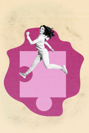 Poster trend art collage of happy business girl show colorful puzzle element mosaic match connection...