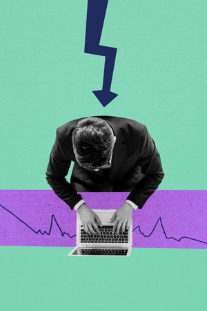 Creative artwork template sketch image 3D collage of arrow down young man type laptop investor...