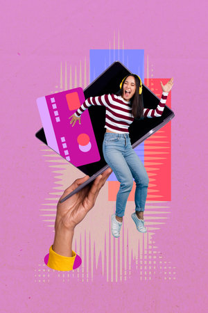 Artwork 3d zine image vertical collage of happy businessman businesswoman stand laptop hand credit card online transactionの写真素材