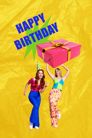 3D collage design composite trend artwork sketch of celebration happy birthday giftbox guest friends two young lady hold box present boxの写真素材