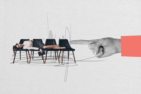 Full 3d poster art collage of serious business girl lay chair boss hand point target achievement bullying work tension conceptの写真素材