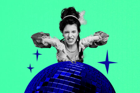 3D collage trend artwork composite poster of young lady hand hold toll knife eat discoball night...